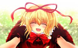  ^_^ blonde_hair blush bow closed_eyes commentary_request female hair_ribbon highres medicine_melancholy nekominase open_mouth outstretched_arms petals ribbon short_hair short_sleeves smile solo touhou 