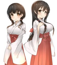  2girls bad_id bad_pixiv_id blush breasts brown_eyes brown_hair hair_ornament hakama hakama_skirt hand_on_own_chest iwato_kasumi japanese_clothes jindai_komaki large_breasts long_hair looking_at_viewer miko multiple_girls muttan_(ashiru-f) red_hakama saki_(manga) short_hair skirt sleeves_past_wrists smile transparent_background v_arms wide_sleeves 