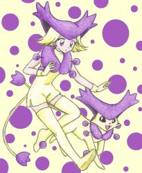  blonde_hair chikorita85 commentary_request creature_and_personification delcatty feline female gloves leaning leaning_forward looking_down personification pokemon pokemon_(creature) pokemon_ears polka_dot polka_dot_background purple_eyes smile traditional_media walking yellow_background 