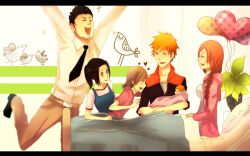  baby black_hair bleach brown_eyes brown_hair closed_eyes couple if_they_mated inoue_orihime kurosaki_ichigo kurosaki_isshin kurosaki_karin kurosaki_yuzu open_mouth orange_hair persona92 ponytail 