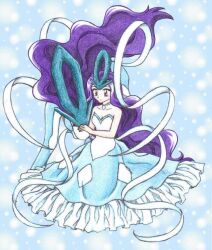  big_hair blue_background blue_dress blue_theme caress chikorita85 collar collarbone commentary_request creature_and_personification dress female long_hair personification pokemon pokemon_(creature) purple_hair suicune very_long_hair 