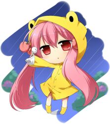  boots cherry chibi commentary_request female food frog_raincoat fruit hatsune_miku long_hair n39 pink_hair rain raincoat red_eyes rubber_boots sakura_miku solo teruterubouzu twintails very_long_hair vocaloid yellow_raincoat 