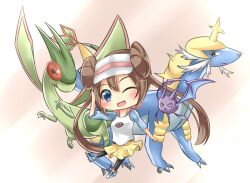  blue_eyes brown_eyes brown_hair commentary_request crobat deetamu double_bun doughnut_hair_bun female flygon green_wings hair_bun horns long_hair one_eye_closed open_mouth pantyhose pokemon pokemon_(creature) pokemon_bw2 raglan_sleeves red_eyes rosa_(pokemon) samurott single_horn skirt smile twintails visor_cap wings 