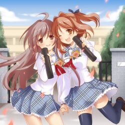  2girls :d ;d ahoge black_legwear blush brick_wall brown_eyes brown_hair cherry_blossoms cloud commentary_request day diploma flower gate graduation hair_between_eyes hair_intakes hair_ribbon half_updo holding holding_hands loafers long_hair long_sleeves looking_at_viewer miniskirt multiple_girls one_eye_closed open_mouth original outdoors pan_(mimi) petals photoshop_(medium) plaid plaid_skirt pleated_skirt ponytail ribbon school_uniform shoes skirt sky smile standing standing_on_one_leg thighhighs tube v very_long_hair 