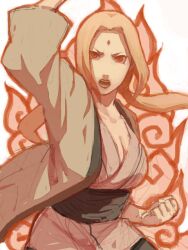  blonde_hair breasts cleavage facial_mark female female forehead_mark long_hair looking_at_viewer naruto ono_(mmr) open_mouth orange_eyes solo tegaki tsunade 