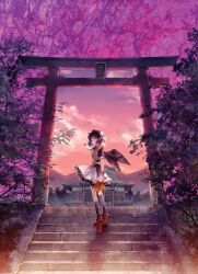  black_hair black_socks cloud embellished_costume energy_barrier expressionless female geta hakurei_shrine hand_fan hat highres kneehighs looking_at_viewer looking_back miyuki_ruria outdoors pointy_ears red_eyes shameimaru_aya short_hair shrine skirt sky socks solo stairs standing stone_lantern sunset tengu-geta tokin_hat torii touhou tree wings 