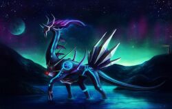  absurdres commentary dark dialga english_commentary highres jonas_jodicke lake no_humans outdoors photoshop_(medium) pokemon pokemon_(creature) realistic sky star_(sky) starry_sky wading water 