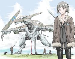  bodysuit breasts canine cleavage cloud commentary_request day dog_tags female fur_trim hakuaki jacket mecha medium_breasts non-humanoid_robot raynos reverse-jointed_legs robot robot_dragon sky smile twintails zoids 