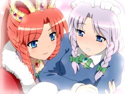  2girls bloom blue_eyes blush bow braid carrying commentary_request crown grey_hair hong_meiling izayoi_sakuya maid maid_headdress multiple_girls princess_carry red_hair shirosato smile touhou twin_braids 