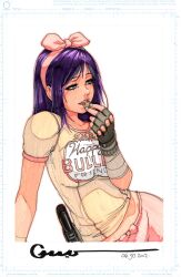  arm_support commentary cookie eating english_commentary female fingerless_gloves food girl7 gloves gun handgun holster lalli midriff omar_dogan original purple_hair ribbon signature solo weapon 