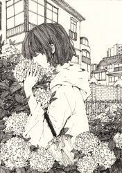  ballpoint_pen_(medium) brick_wall city closed_eyes closed_umbrella commentary_request female flower hood hood_down hoodie hydrangea monochrome mooku original photoshop_(medium) short_hair smelling_flower solo traditional_media umbrella 