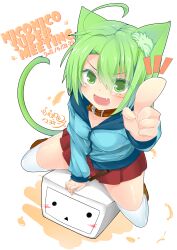  :d absurdres ahoge animal_ears blush cat_ears collar commentary_request dated dodome-iro_mayonnaise female green_eyes green_hair highres niconico oerba_yun_fang open_mouth original photoshop_(medium) sharon_(dodomayo) sitting skirt smile solid_circle_eyes solo terebi-chan thighhighs white_thighhighs 