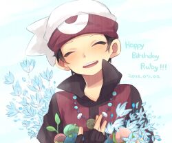  1boy berry_(pokemon) black_hair blush brendan_(pokemon) character_name closed_eyes commentary_request flower happy_birthday hat holding jewelry leppa_berry lum_berry male_focus necklace oran_berry pecha_berry pokemon pokemon_adventures saku_anna smile solo 