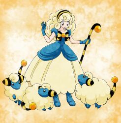  blonde_hair brown_eyes chikorita85 commentary_request creature_and_personification curly_hair dress female full_body holding mareep personification pokemon pokemon_(creature) sheep standing yellow_background 