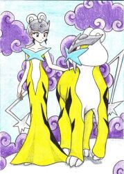  brown_eyes chikorita85 cloud collarbone commentary_request creature_and_personification dress eye_contact female looking_at_another personification pokemon pokemon_(creature) raikou traditional_media white_hair yellow_dress 