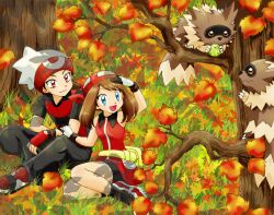  1boy :d aspear_berry autumn berry_(pokemon) blue_eyes brendan_(pokemon) brown_hair chikorita85 commentary_request couple female food fruit grass hat holding holding_food holding_fruit leaf may_(pokemon) nature oerba_yun_fang open_mouth pokemon pokemon_(creature) pokemon_adventures red_eyes sitting smile straight tree zigzagoon 