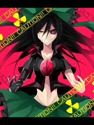  alternate_costume bad_id bad_pixiv_id black_hair black_sclera black_wings bow breasts caution colored_sclera dark_persona female gloves green_bow grin hairbow highres kannagi_lshelda medium_breasts mismatched_sclera no_wings radiation_symbol red_eyes reiuji_utsuho smile solo third_eye touhou wings 