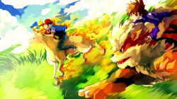  2boys arcanine baseball_cap black_hair brown_eyes brown_hair cloud cloudy_sky commentary day denim english_commentary fangs fiery_hair fiery_tail fire from_side gary_oak grass hat highres horns horse jeans long_sleeves male_focus multiple_boys nature open_mouth outdoors pants photoshop_(medium) pokemon pokemon_(anime) pokemon_(classic_anime) pokemon_(creature) racing rapidash riding riding_pokemon running sa-dui satoshi_(pokemon) shoes short_sleeves single_horn sky tail 