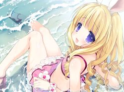  :d arm_support bad_id bad_pixiv_id bikini bikini_skirt blonde_hair blush drill_hair elin emily_(pure_dream) female flat_chest looking_at_viewer looking_back open_mouth partially_submerged photoshop_(medium) purple_eyes shoes sitting smile swimsuit tera_online water 