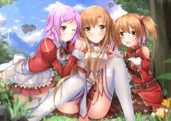  3girls apron armor asuna_(sao) bare_shoulders belt black_skirt black_thighhighs blush breastplate brown_eyes brown_hair commentary_request fingerless_gloves floating floating_island floating_object forest freckles gloves highres knights_of_blood_uniform_(sao) lisbeth_(sao) long_hair long_legs multiple_girls nature one_eye_closed open_mouth outdoors purple_hair short_twintails silica sitting skirt smile sword_art_online swordsouls thighhighs thighs twintails very_long_hair white_armor white_thighhighs zettai_ryouiki 