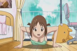  animated animated bounce bouncing_breasts breasts brown_hair cleavage down_blouse downblouse exercise hinako_(issho_ni_training) issho_ni_training jiggle large_breasts no_bra off_shoulder push_up strap_slip tank_top teenage training_with_hinako 