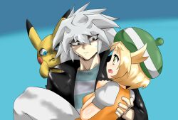  absurdres bel_(pokemon) blonde_hair blue_eyes blush brown_eyes cap carrying crossover female gray_hair grey_hair hat highres jacket parody pikachu pokemon seiyuu_connection turizao yami_bakura yellow_eyes yu-gi-oh! 