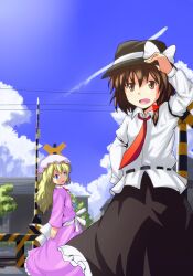  2girls blonde_hair blue_eyes blue_sky boom_barrier bow brown_eyes brown_hair building cloud commentary_request contrail day dress dress_shirt hairbow hamakenn hand_on_headwear hat hat_ribbon highres long_hair looking_away maribel_hearn multiple_girls necktie open_mouth outdoors power_lines purple_dress railroad_crossing railroad_tracks ribbon shirt short_hair skirt sky tongue touhou tree usami_renko 