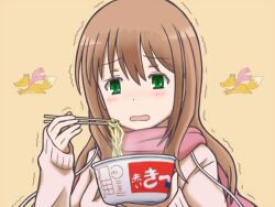  achiga_school_uniform brown_hair chopsticks commentary_request cup_ramen eating female food fox green_eyes instant_udon long_hair maruchan_akai_kitsune_udon matsumi_yuu noodles oniyan saki_(manga) saki_achiga-hen scarf school_uniform solo trembling 