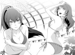  2girls ass bikini breasts cleavage greyscale halterneck kujikawa_rise large_breasts long_hair medium_breasts monochrome multiple_girls persona persona_4 persona_x_detective ponytail shirogane_naoto side-tie_bikini_bottom sogabe_shuuji string_bikini swimsuit 