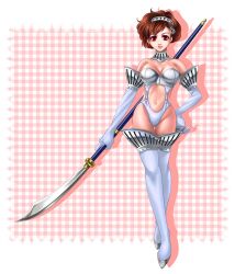  boots breasts brown_hair cleavage elbow_gloves female gloves high-cut_armor_(persona) medium_breasts naginata navel persona persona_3 persona_3_portable polearm red_eyes shiomi_kotone solo standing thigh_boots thighhighs weapon 