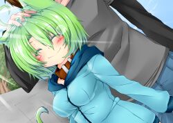  ^_^ absurdres animal_ears blush breasts cat_ears cat_tail closed_eyes collar commentary_request dodome-iro_mayonnaise female green_hair hand_in_own_hair headpat highres hood hoodie medium_breasts original photoshop_(medium) sharon_(dodomayo) smile solo_focus sunlight tail 