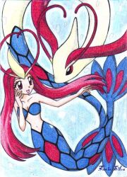  air_bubble brown_eyes bubble chikorita85 commentary_request creature_and_personification female hand_on_own_face mermaid milotic monster_girl personification pokemon pokemon_(creature) red_eyes red_hair signature traditional_media underwater water 