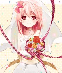  alternate_hairstyle bad_id bad_pixiv_id blush bouquet dress female flower hair_down holding kaname_madoka mahou_shoujo_madoka_magica mahou_shoujo_madoka_magica_(anime) nochita_shin pink_hair red_eyes ribbon smile solo striped striped_ribbon wedding_dress 