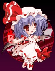  bat_wings blue_hair blush bow card commentary_request female frills hat hat_ribbon long_skirt oerba_yun_fang open_mouth red_eyes remilia_scarlet ribbon short_sleeves skirt solo spear_the_gungnir spell_card touhou wings yamu_(reverse_noise) 