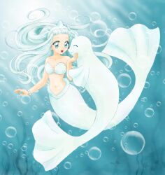  :d air_bubble algae blue_background bracelet breasts bubble chikorita85 cleavage closed_eyes collarbone commentary_request dewgong fangs female friends full_body hand_on_another&#039;s_face jewelry kneeless_mermaid medium_breasts mermaid monster_girl navel open_mouth pokemon pokemon_(creature) smile underwater white_theme 