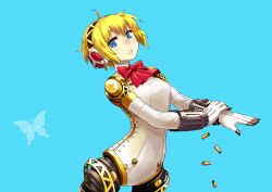  aegis_(persona) ahoge android blonde_hair blue_background blue_eyes bow bug butterfly chan_co commentary_request female headphones joints looking_at_viewer parted_lips persona persona_3 ringed_eyes robot robot_joints shell_casing short_hair simple_background solo white_butterfly 