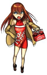  bad_link bare_shoulders blue_eyes blush boots bottle brown_hair dr_pepper drawfag dress female halterneck hand_on_own_hip jacket long_hair makise_kurisu product_placement red_dress solo steins;gate 