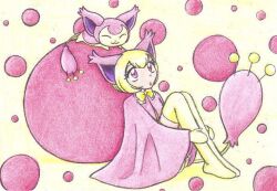  boots bow bowtie cape chikorita85 commentary_request creature_and_personification eyelashes feline female knee_boots looking_up neck_ribbon personification pink_eyes pink_theme pokemon pokemon_(creature) pokemon_ears ribbon short_hair skitty traditional_media yellow_background yellow_bow yellow_bowtie yellow_legwear yellow_ribbon 