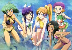  5girls absurdres aquarion_(series) aquarion_evol barefoot bikini black_hair blue_eyes bow breasts brown_eyes chiba_yuriko cleavage flat_chest glasses green_eyes green_hair hair_ornament hairbow hairclip highres imageboard_desourced legs looking_at_viewer mikono_suzushiro mix_(aquarion) multicolored_hair multiple_girls navel non-web_source nyantype official_art open_mouth orange_hair ponytail purple_hair sazanka_bianca scan short_hair smile swimsuit twintails water yunoha_thrul zessica_wong 