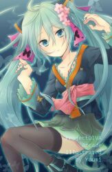  aqua_eyes aqua_hair commentary_request female flower hair_flower hair_ornament hatsune_miku long_hair natsumi_yuu project_diva_(series) project_diva_2nd skirt solo thighhighs twintails very_long_hair vocaloid 