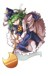  ascot bad_id bad_pixiv_id chains crescent female ghost_tail green_eyes green_hair hat long_hair long_sleeves mima_(touhou) min_(brbird98) pointy_ears simple_background smile solo staff sun_print touhou touhou_(pc-98) 