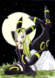  bare_shoulders black_dress black_gloves black_legwear blonde_hair boots brown_eyes chikorita85 collar commentary_request creature_and_personification dress elbow_gloves female full_moon gloves grass looking_at_viewer moon night night_sky outdoors personification pokemon pokemon_(creature) pokemon_ears red_eyes rock sidelocks sitting sky star_(sky) starry_sky thighhighs umbreon 