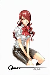  between_legs bow commentary dated english_commentary female hair_over_one_eye hand_between_legs invisible_chair kirijou_mitsuru long_hair marker_(medium) omar_dogan persona persona_3 red_eyes red_hair school_uniform signature simple_background sitting skirt smile solo traditional_media 