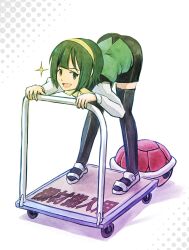  :d arm_support bent_over black_skirt black_thighhighs blunt_bangs brown_eyes commentary_request f_(ue-sita-hidarimigi) female full_body green_hair hairband idolmaster idolmaster_(classic) legs_apart long_sleeves looking_at_viewer mario_(series) mario_kart open_mouth otonashi_kotori parody pencil_skirt platform_truck sandals shirt shoes short_hair skirt smile solo sparkle standing thighhighs turtle_shell vest white_background white_footwear white_shirt yellow_hairband zettai_ryouiki 