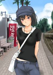  amagami arms_behind_back bag bench between_breasts black_hair blush bob_cut breasts brown_eyes casual cloud coca-cola commentary_request day denim fashion female hat head_tilt jeans jewelry light_smile looking_at_viewer midriff murasaki_iro nanasaki_ai necklace outdoors palm_tree pants product_placement railroad_tracks sett shirt short_hair sky smile solo strap_between_breasts t-shirt train_station trash_can tree vending_machine 