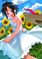  :d antenna_hair bad_id bad_pixiv_id black_hair blue_sky breasts cleavage cloud collarbone day dress dutch_angle female flower frills hat idolmaster idolmaster_(classic) kikuchi_makoto lens_flare open_mouth short_hair sky small_breasts smile solo sonsoso standing sun_hat sundress sunflower unworn_hat unworn_headwear white_dress 