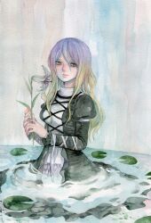  bad_id bad_pixiv_id blonde_hair dress female flower gradient_hair hijiri_byakuren holding lily_(flower) lily_pad long_hair long_sleeves multicolored_hair orange_eyes painting_(medium) pale_color pinkxxxna purple_hair ribbon sad solo touhou traditional_media water watercolor_(medium) wet wet_clothes white_flower 