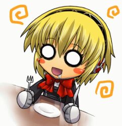  aegis aegis_(persona) android atlus blonde_hair bow chibi drooling fork knife lowres persona persona_3 plate school_uniform segami_daisuke 