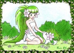  :d bare_shoulders big_hair bush chikorita85 collarbone commentary_request creature_and_personification dress eyelashes female flower grass green_eyes green_hair green_theme long_hair looking_up nature open_mouth personification pokemon pokemon_(creature) shaymin shaymin_(land) short_dress signature sitting skirt smile traditional_media very_long_hair white_skirt 