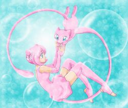  blue_background blue_eyes bubble bubble_background chikorita85 colored_skin commentary_request creature_and_personification double_bun dress eyelashes female flat_chest floating hair_bun holding_hands light_smile mew_(pokemon) personification pink_hair pink_skin pink_skirt pink_theme pokemon pokemon_(creature) skirt sleeveless sleeveless_dress thighs 